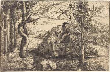 Uitzicht op een rivier met een kasteel op een eiland