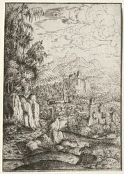 Landschap met een weg naar een kasteel op een eiland in een rivier, 1554