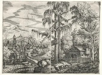 Landschap met de stad aan een rivier en het huisje tussen bomen, 1551