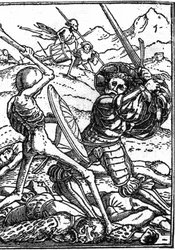 De schijnbare dood van Hans Holbein de Jonge: de soldaat. Een soldaat vecht tegen de Dood; aan hun voeten liggen de lichamen van andere krijgers. Gravure.