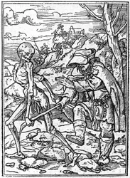 De simulacra van de dood van Hans Holbein de Jongere (1497-1543): de blinde. De dood grijpt de stok van de blinde en fungeert als gids. Gravure.