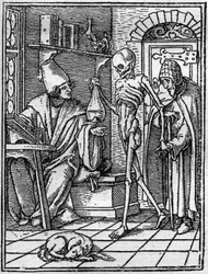 De simulaties van de dood van Hans Holbein de Jonge: de dokter. De Dood komt tussen de dokter en zijn patiënt. Gravure.