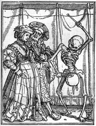 De simulacra van de dood van Hans Holbein de Jongere (1497-1543): de echtgenoten. De dood speelt de trommel voor een echtpaar. Gravure.