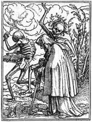 De simulacra van de dood van Hans Holbein de Jongere (1497-1543): de oude. De dood vergezelt een oude dame naar haar bestemming. Gravure.