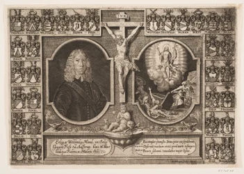 Gregers Friis naar Ålstrup en Christus aan het kruis en de Opstanding van Christus. Omgeven door wapenschilden