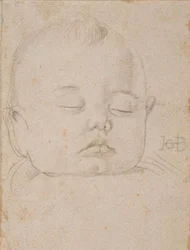 Het hoofd van een slapende babyjongen, en face