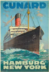 Poster die reizen tussen Hamburg en New York adverteert met de rederij Cunard