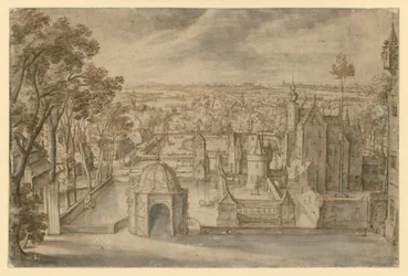 Een kasteel met meerdere torens in een uitgestrekt vlak landschap tussen vijvers. Een rond tuinpaviljoen in het midden van de voorgrond. Links een laan