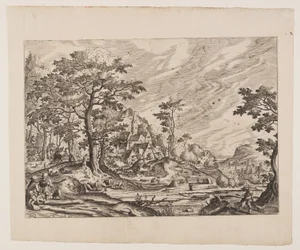 Gezicht op een dorp, een man die een kruiwagen draagt, plaat 8 uit Landscapes with Views of Villages