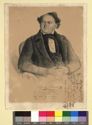 Ignaz Tomaselli, acteur en zanger (1812-1862). Met facsimilehandtekening en vierregelig gedicht «Wereldtoneel». Rechts een vierregelig gedicht als opdracht van Ignatz Tomaselli aan (?) Linz, 28 maart 1849. Ignatz Tomaselli/Wereldtoneel:/Het gordijn gaat a