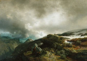 Hoog berglandschap met rendierjagers