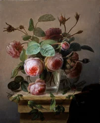 Stilleven van roze rozen in een glazen vaas. Schilderij van Hans Hermann (1813-1890) Privécollectie.