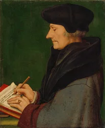 Portret van de schrijvende Erasmus van Rotterdam, 1523