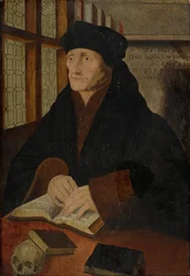 Portret van Erasmus van Rotterdam in de studeerkamer