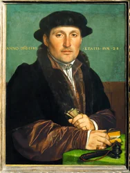 Portret van een jonge koopman, waarschijnlijk de Nuernbergse patriciër Hans von Muffel, 28 jaar oud (schilderij op eikenhout)