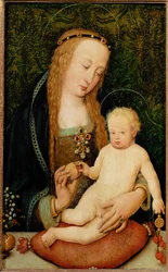De heilige Maria overhandigt een granaatappel aan het Kind (schilderij op lindehout)