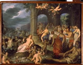 Het feestmaal van de goden, het huwelijk van Peleus en Thetis. Links zeegodheden, tritons en naiaden. In het midden de aardgodin Tellus Mater, of Terra Mater of Gaia, met een hoorn des overvloeds