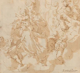 Recto: De Maagd en het Kind zittend op wolken, omringd door putti