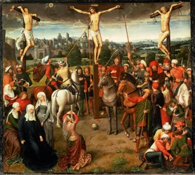 Kruisiging. Middelpunt van een drieluik. Olieverf op eikenhout (tempera op eikenhout)