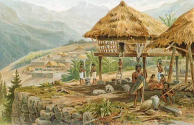 Igorrote-boerderij op Luzon, Filipijnen, uit «De geschiedenis van de mensheid», deel 1, door prof. Friedrich Ratzel, 1896