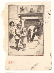 Nieuwjaarskaart (familie bij de open haard)