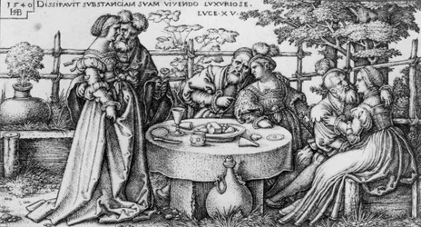 De verloren zoon verspilt zijn fortuin, uit de serie "De geschiedenis van de verloren zoon".