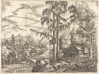 Landschap met Uitzicht op een Boerenhuisje en een Stad nabij een Rivier, 1551