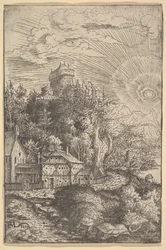 Landschap met een kasteel op een rots, 1553