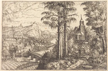 Uitzicht op een stad nabij een rivier met een kerk aan de rechterkant