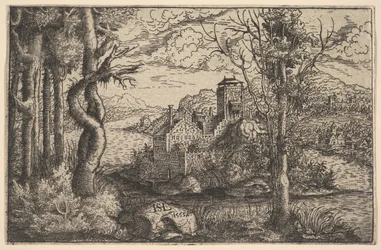Uitzicht op een rivier, met een kasteel op een eiland, 1553