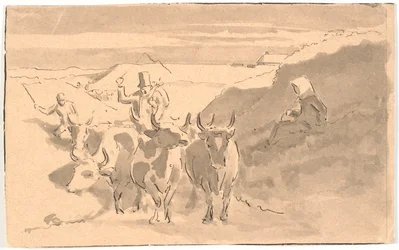 Een kudde ossen in een holle weg