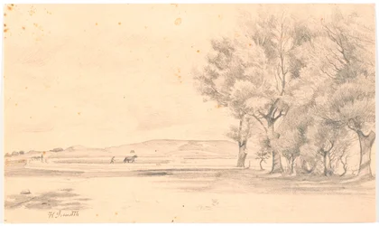 Landschap met ploegveld; rechts hoge bomen