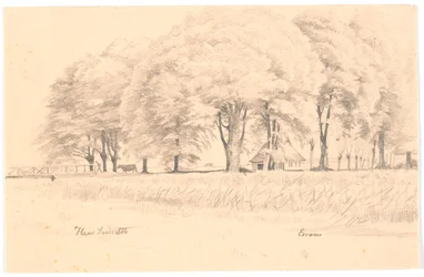 Landschap bij Esrom, op de voorgrond een beek met een brug, op de achtergrond hoge bomen en een huis