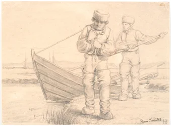 Twee Limfjordvissers die een Boot Trekken