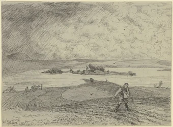 Landschap met zaaier, op de achtergrond een meer met een eiland