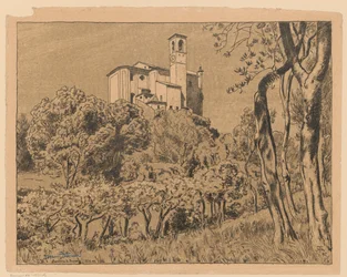 Uitzicht op de kerk van Sint-Nicolaas de Wondertichter op de heuvel in Gardone Riviera aan het Gardameer, Lombardije