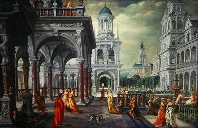 Bathseba en David met een architecturale achtergrond