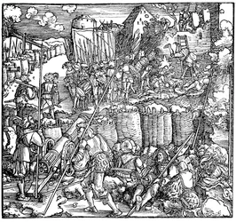 Belegering van een fort. Illustratie uit het boek Phisicke Against Fortune door Petrarca