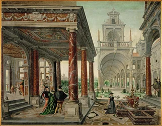 Paleisarchitectuur met elegant gezelschap (olieverf op doek)
