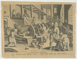 Politura Armorum, Polijsten van wapens, plaat 17 uit de serie Nova Reperta, Moderne Ontdekkingen, c.1588