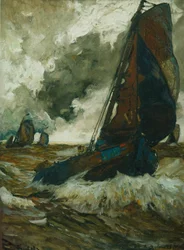 Botters voor de wind op een woelige Zuiderzee (gouache on paper)