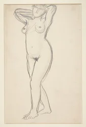 Staande vrouwelijke model met handen achter de nek