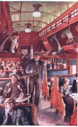 Interieur van een Canadese emigrantentrein ca 1900 (kleurenlitho)