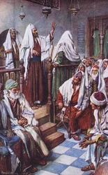 St. Paulus predikt in de synagoge in Antiochië, illustratie uit Harold Copping Pictures: The Crown Series, ca. 1920s