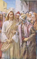 De vraag van de Sadduceeën, illustratie uit Harold Copping Pictures: The Crown Series, ca. jaren 1920