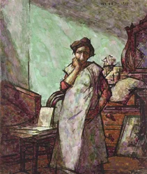 Interieur met mevrouw Mounter in een overall, 1 december 1918