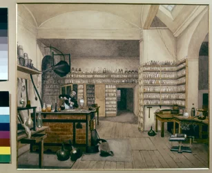 Michael Faraday aan het werk in zijn laboratorium in het Koninklijk Instituut