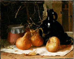 Uien, een Kan en een Keramische Pot op een Tafelkleed