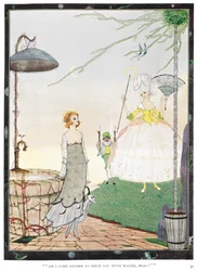 "Ben ik hier gekomen om u water te brengen, bid ik?" Illustratie voor het verhaal, "de fee". Een jonge vrouw ontmoet een fee die eruitziet als een goedgeklede dame