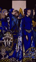 Etain, Helen, Maeve en Fand, „Golden Deirdres tedere hand”, illustratie van Harry Clarke uit „Queens” van J. M. Synge, uitgegeven in 1909